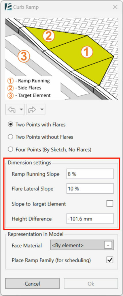 Curb Ramp Dimensions settings